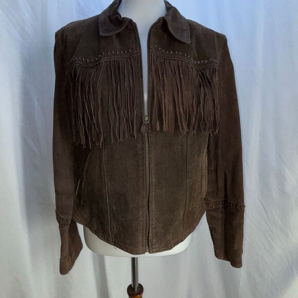 Vintage Y2K MUDD Jeans brown leather fringe jacket Sz L studded - Picture 1 of 9